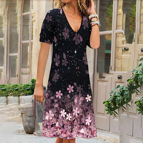 

Damen Casual kleid Midikleid Gelb Rosa Purpur Kurzarm Blumen Bedruckt Frühling Sommer V Ausschnitt Casual 2023 S M L XL XXL 3XL 4XL 5XL