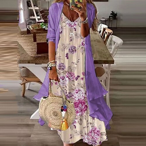 

Women's Dress Set Two Piece Dress Shift Dress Long Dress Maxi Dress Purple Half Sleeve Floral Print Fall Spring Autumn V Neck Loose Fit 2022 S M L XL XXL 3XL