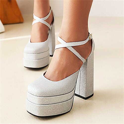 

Women's Heels Daily Summer Chunky Heel Square Toe Minimalism PU Leather Ankle Strap Solid Colored Silver Gold Blue