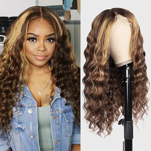 

Remy Human Hair Highlight Lace Front Wig 150% Density 4X4 Lace Wig Loose Deep Wave Brazilian Hair Pre Plucked with Baby Hair Piano Color P4/27# 12-28 Inch