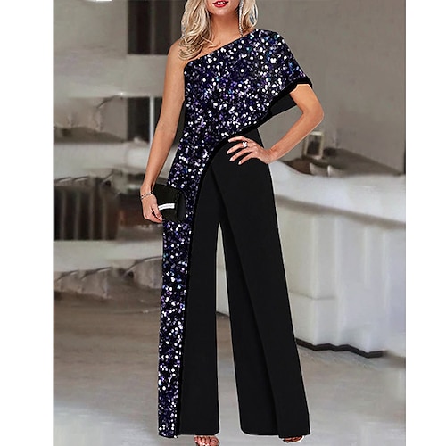 

Women's Jumpsuit Patchwork Color Block One Shoulder Elegant Daily Vacation Wide Leg Regular Fit Short Sleeve Black S M L Spring