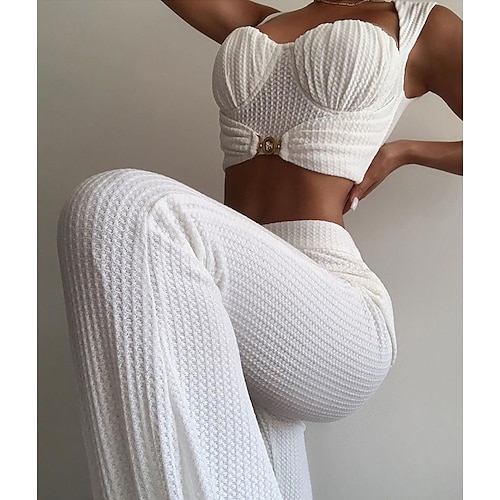 

Women's Crop Top Tank Top Pants Sets Sexy White Casual Vacation Plain S M L