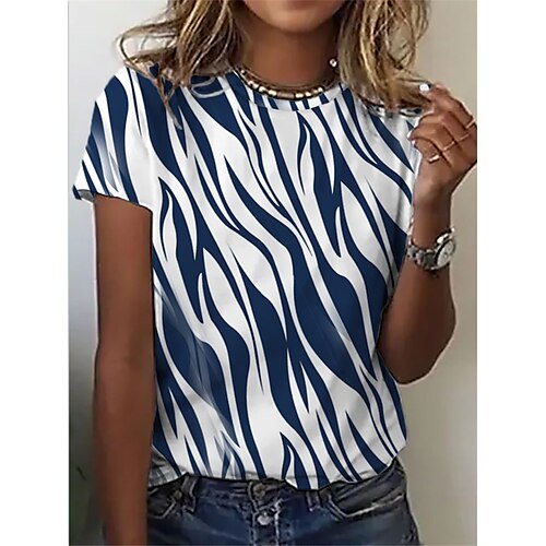 

Women's Abstract T shirt Striped Patchwork Print Round Neck Basic Tops White / 3D Print