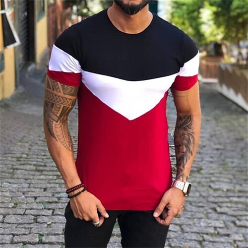 

Men's T shirt Tee Patchwork Crew Neck Red / White Casual Daily Short Sleeve Clothing Apparel Cotton Sports Fashion Lightweight Big and Tall / Summer