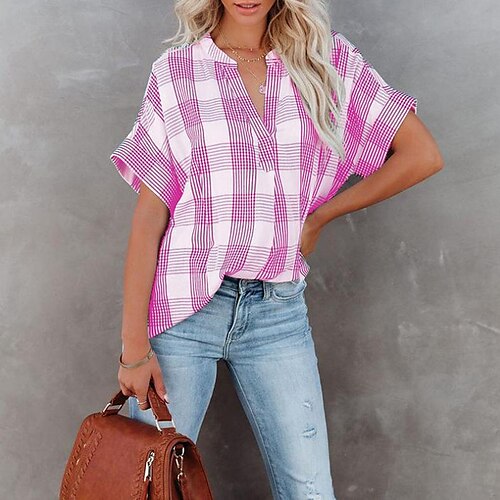 

spring summer plaid short-sleeved shirt an n printing v-neck loose casual top women's clothing