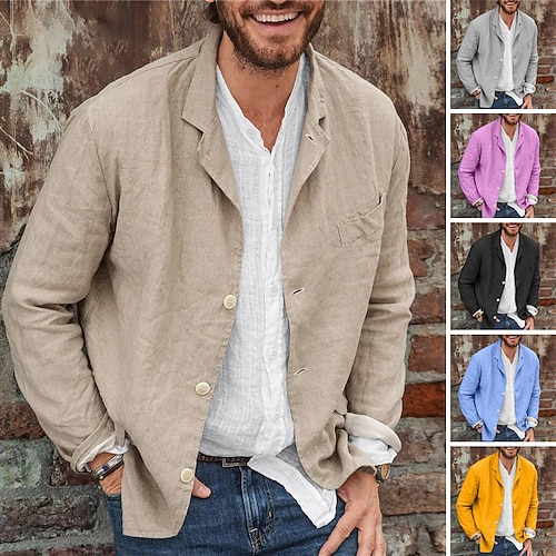 

Men's Summer Jacket Linen Jacket Jacket Blazer Breathable Outdoor Daily Single Breasted Turndown Sporty Casual Jacket Outerwear Solid Color Classic Black Yellow Blue