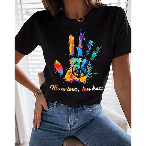 

Women's Painting T shirt Peace Love Print Round Neck Basic Tops White Black