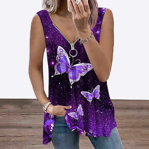 

Women's Tank Top Vest Red Blue Purple Animal Butterfly Flowing tunic Quarter Zip Sleeveless Daily Beach Basic Streetwear V Neck Regular Regular Fit Butterfly S