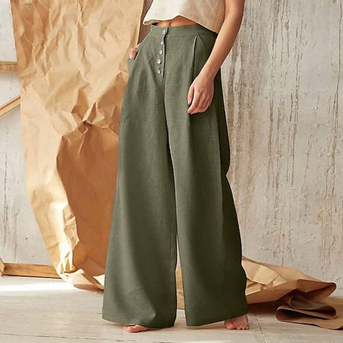 

Women's Culottes Wide Leg Chinos Slacks Pants Trousers Faux Linen Green Khaki Black Mid Waist Fashion Casual Weekend Side Pockets Full Length Comfort Plain S M L XL XXL / Loose Fit