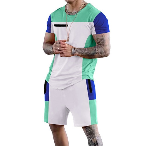 

Men's T-shirt Suits Tracksuit Tennis Shirt Shorts and T Shirt Set Set Color Block Crew Neck Green Black Blue Army Green Orange Outdoor Street Short Sleeve 2 Piece Clothing Apparel Sports Fashion