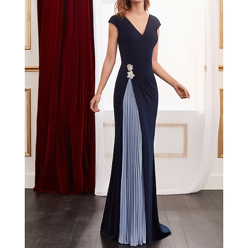 

Sheath / Column Color Block Elegant Wedding Guest Formal Evening Dress V Neck Sleeveless Floor Length Spandex with Pleats Beading 2022