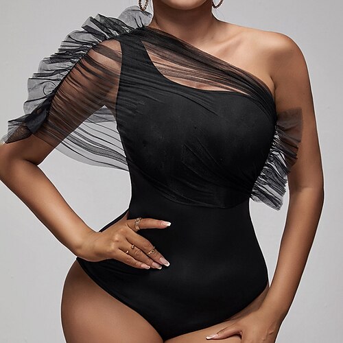 

Women's Bodysuit Mesh Solid Color One Shoulder Elegant Party Regular Fit Short Sleeve Black XS S M Summer