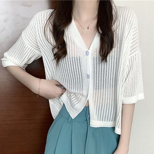 

Women's Cardigan Sweater Jumper Ribbed Knit Button Knitted Pure Color V Neck Stylish Casual Outdoor Daily Spring Summer Blue Purple One-Size / Holiday / Regular Fit / Going out