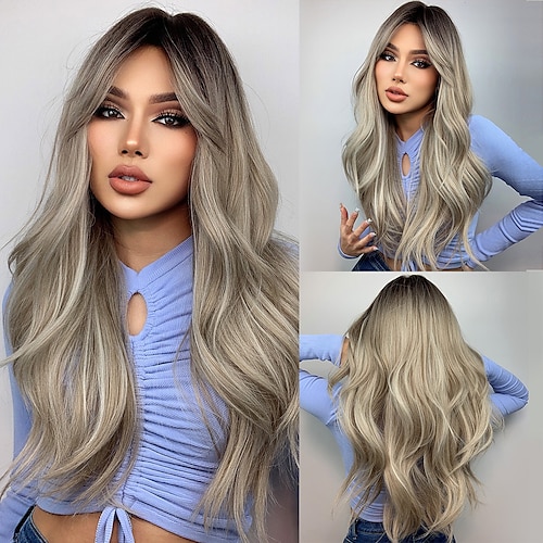 

Long Ombre Blonde Brown Wavy Synthetic Wig with Bangs For Black Women Cosplay Party Daily Natural Hair