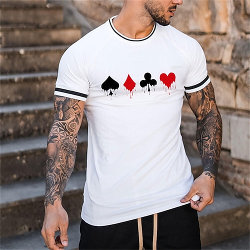 

Men's T shirt Hot Stamping Graphic Poker Crew Neck Street Casual Print Short Sleeve Tops Fashion Comfortable Sports White