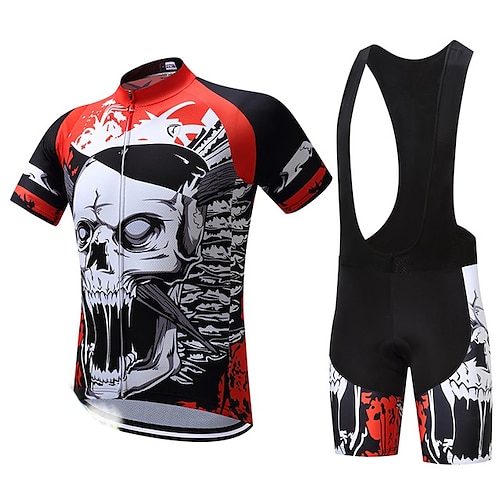 

21Grams Men's Cycling Jersey with Bib Shorts Short Sleeve Mountain Bike MTB Road Bike Cycling Red Skull Bike Clothing Suit 3D Pad Breathable Quick Dry Moisture Wicking Back Pocket Polyester Spandex