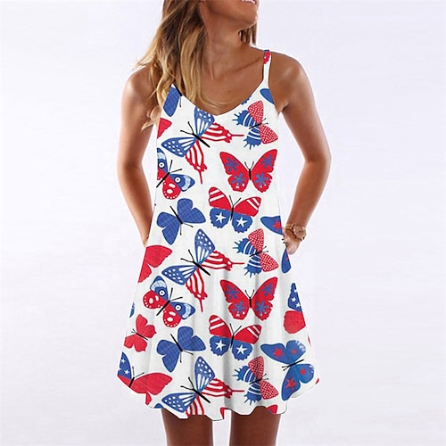 

Mujer Vestido tubo Azul Piscina Vino Rojo Claro Sin Mangas Mariposa Estampado Primavera Verano Escote en Pico Fin de semana Delgado 2022 S M L XL XXL