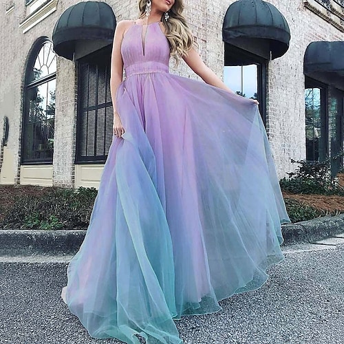 

A-Line Ombre Fairy Prom Valentine's Day Dress Jewel Neck Sleeveless Floor Length Chiffon with Sleek Pleats 2022