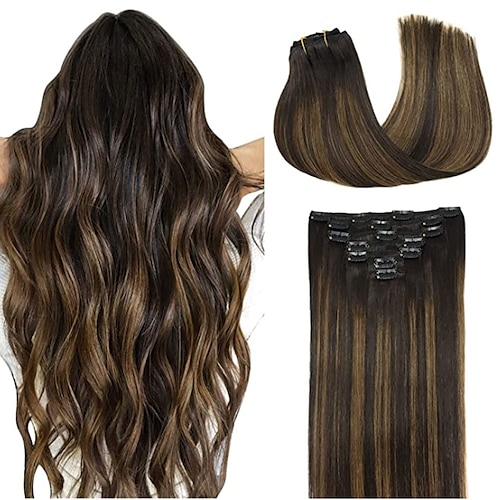 

Clip in Hair Extensions Human Hair Extensions Balayage Dark Brown to Chestnut Brown 120g 7 Pieces 14-22 Inch Human Hair Extensions Straight Remy Hair Extensions