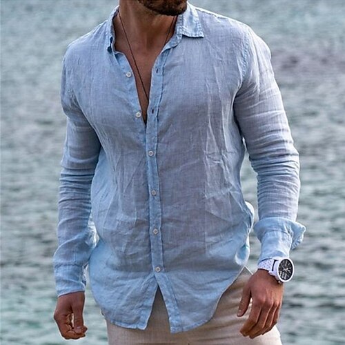 

Men's Shirt Solid Color Turndown Street Casual Button-Down Long Sleeve Tops Casual Fashion Breathable Comfortable Light Blue