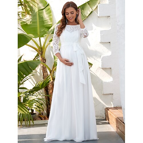 

A-Line Evening Dresses Maternity Dress Formal Evening Floor Length Half Sleeve Jewel Neck Chiffon with Lace Insert Pure Color 2022