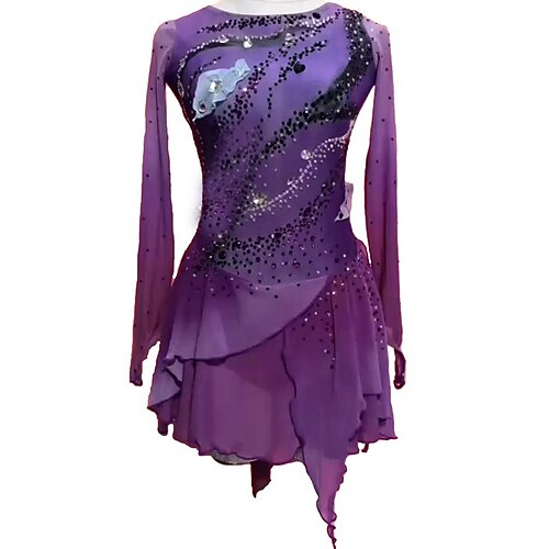 

Figure Skating Dress Women's Girls' Ice Skating Dress Outfits Violet Spandex High Elasticity Training Competition Skating Wear Handmade Crystal / Rhinestone Long Sleeve Ice Skating Figure Skating