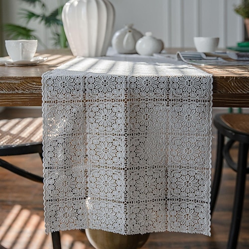 

Table Runner Lace White Table Flag Farmhouse Table Decor Cover with Tassel for Wedding Party Tea Party Festival