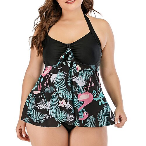

Mulheres Roupa de Banho Tankini 2 partes Tamanho Grande roupa de banho Sem costas Estampado para bustos grandes Flamingo Verde Preto Azul Camisola Decote em V-wire Fatos de banho Sensual Férias Moda