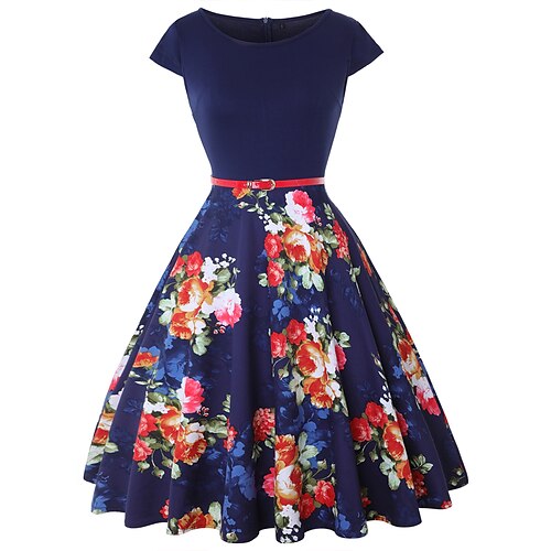 

vestidos de chá vintage femininos vestido swing vestido de skatista vestido midi preto branco amarelo manga curta estampa floral verão primavera gola redonda aniversário vintage convidado de