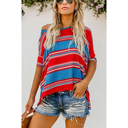 

Women's T shirt Tee Blue Red Striped Short Sleeve Casual Weekend Basic One Shoulder Regular S