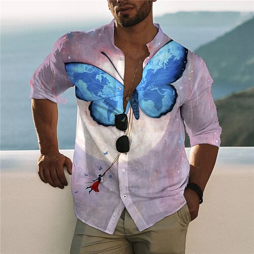 

Men's Shirt 3D Print Butterfly Animal Stand Collar Casual Daily Button-Down Print Long Sleeve Tops Designer Casual Fashion Comfortable Purple / Sports