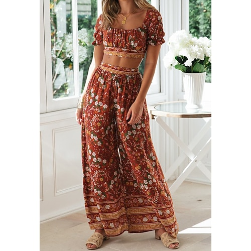 

Women's Crop Top Blouse Pants Sets Streetwear Blue Khaki Casual Holiday Floral Ruffle Print Square Neck S M L XL