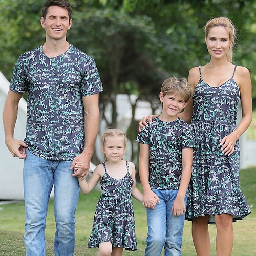 

Family Look Dresses T shirt Family Sets Graphic Letter Daily Ruched Green Short Sleeve Midi Strap Dress Active Matching Outfits