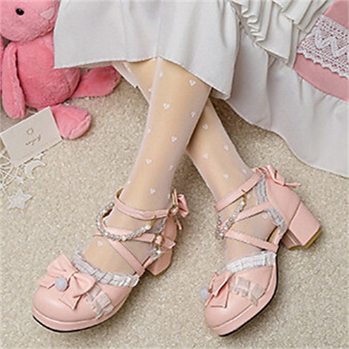 

Women's Lolita Shoes Daily Summer Bowknot Chunky Heel Round Toe Sweet PU Leather Ankle Strap Solid Colored Rosy Pink Beige White