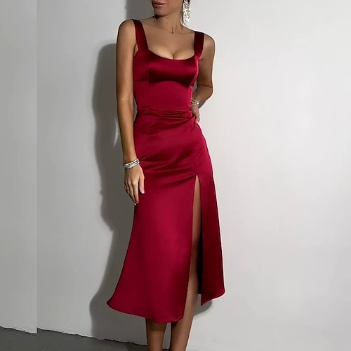 

Sheath / Column Cocktail Dresses Elegant Dress Wedding Guest Tea Length Short Sleeve Scoop Neck Satin with Draping Slit 2022 / Cocktail Party