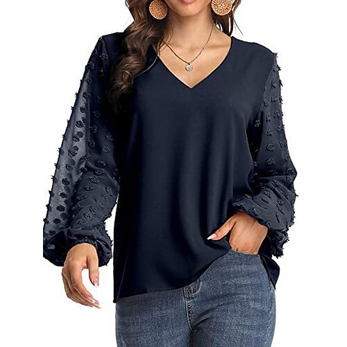 

Women's Blouse Shirt Green Pink Yellow Plain Patchwork Long Sleeve Casual V Neck Regular S