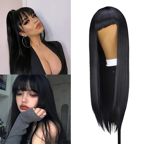 

Black Wig With Bangs Bangs Long Straight Wig 66cm Natural Black Heat Resistant Synthetic Wig With Bangs For Fashion Women Everyday Wear Party And Cosplay Halloween