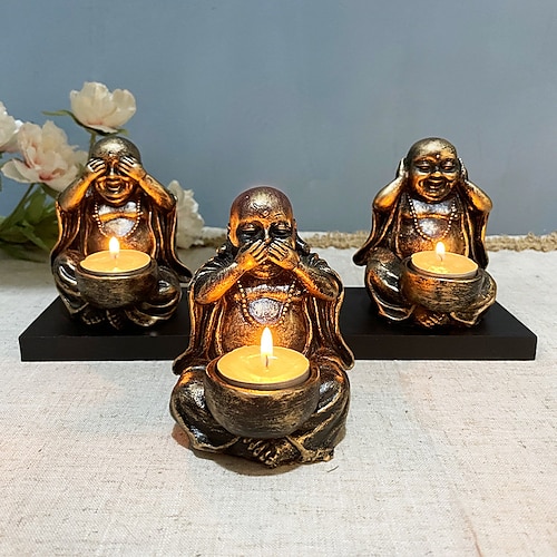 

3pcs Buddha Statue Ornaments Candlesticks Do Not Look Do Not Hear Do Not Say Zen Maitreyan Buddha Crafts Home Ornaments
