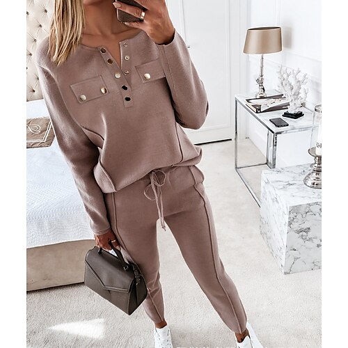 

Women's Sweatshirt Tracksuit Pants Sets Basic Pink Khaki Sport Casual Plain Drawstring V Neck S M L XL