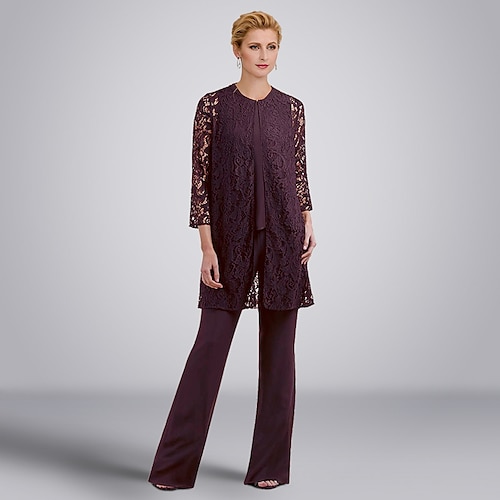 

Pantsuit 3 -dels jakkesæt Kjole til brudens mor Formel Plusstørrelse Elegant Høj halset Gulvlang Chiffon Blondelukning Uden ærmer med Applikeret broderi 2023