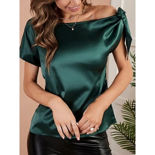 

Women's Blouse Shirt Green Plain Lace up Short Sleeve Daily Weekend Streetwear Casual Off Shoulder Regular S