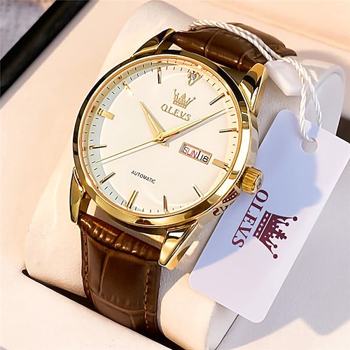 

OLEVS Mechanical Watch for Men Analog Automatic self-winding Luminous Casual Waterproof Calendar Noctilucent Alloy Genuine Leather Fashion Machine