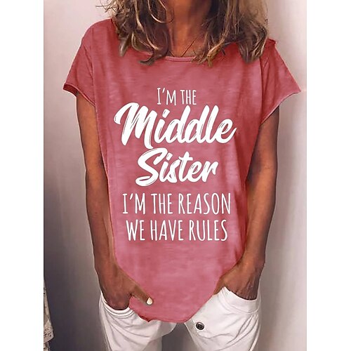 

T shirt Tee Femme Rose Claire Bleu Vert Texte Manche Courte Casual Fin de semaine basique Col Rond Normal Coton Standard S