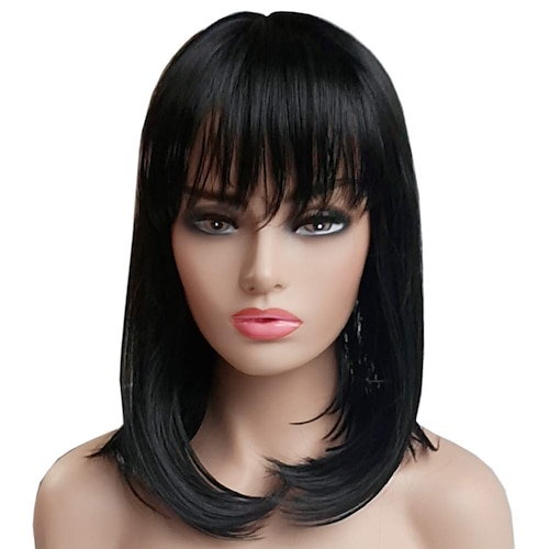 

Mid Length Black Bob Wig - Auflaund Natural Bob Straight Good Cut Kanekalon Synthetic Wig with Bangs for Female Cosplay Daily Use 45.72cm