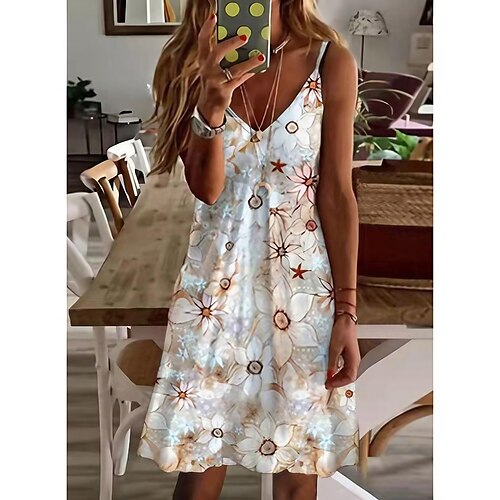 

Damen Casual kleid Minikleid Beige Ärmellos Blumen Bedruckt Frühling Sommer Spaghetti-Träger Casual 2023 S M L XL XXL