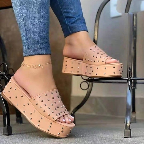 

Damen Pantoffeln Übergrössen Hausschuhe im Freien Plateaupantoffeln Täglich Sommer Perlenstickerei Flacher Absatz Offene Spitze Casual PU Leder Halbschuhe Einfarbig Hellbraun Schwarz Weiß