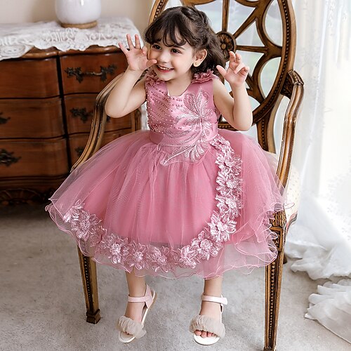 

Toddler Girls' Dress Flower Tulle Dress Knee-length Dress Party Beaded Sleeveless Cute Dress 1-4 Years Spring Multicolor Gold Pink