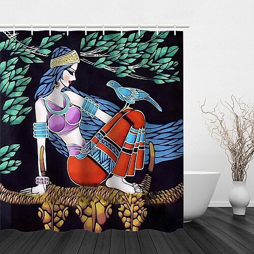 

Exotic Female Figure Print Four-piece Shower Curtain Hook Modern Polyester Machined Waterproof Bathroom