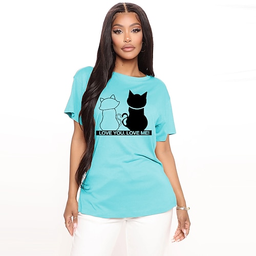 

Women's T shirt Tee Green Blue Yellow Graphic Cat Print Short Sleeve Casual Going out Basic Round Neck Regular 100% Cotton S