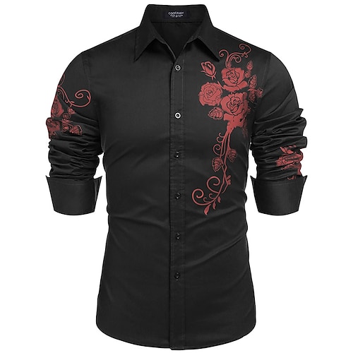 

Herre Jakkesætsskjorter Button Up skjorte Skjorte med krave Vin Sort Hvid Langærmet Blomstret Aftæpning Forår Efterår Bryllup Fest Tøj Broderi